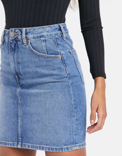 ASOS DESIGN - Gonna originale di jeans blu stone wash a vita alta, 3 di 4