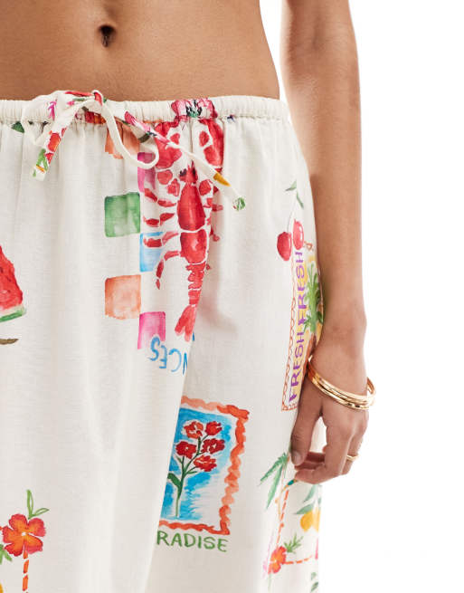 ASOS DESIGN - Gonna oversize in misto lino con stampa di cartoline in coordinato, 4 di 5
