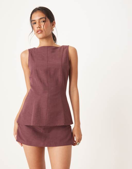 ASOS DESIGN - Gonna pantalone in misto lino color prugna in coordinato