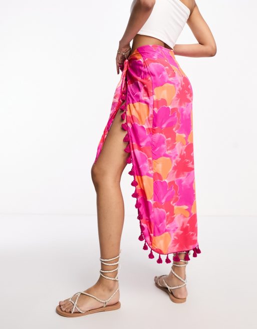 ASOS DESIGN - Gonna pareo midi a fiori sfumati vivaci con nappe, 3 di 4