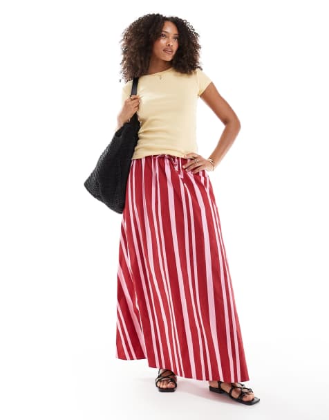 ASOS DESIGN - Gonna svasata lunga in cotone rosa a righe allacciata in vita - view 1