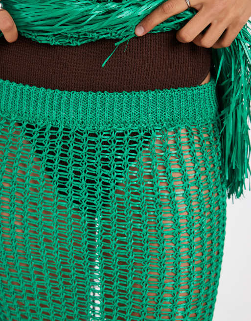 ASOS DESIGN - Gonna traforata verde con fondo con frange in coordinato, 3 di 5
