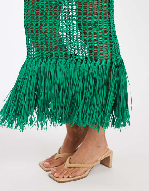 ASOS DESIGN - Gonna traforata verde con fondo con frange in coordinato, 4 di 5
