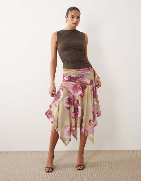 ASOS DESIGN - Gonna verde a fiori in rete trasparente con fondo a fazzoletto - view 1
