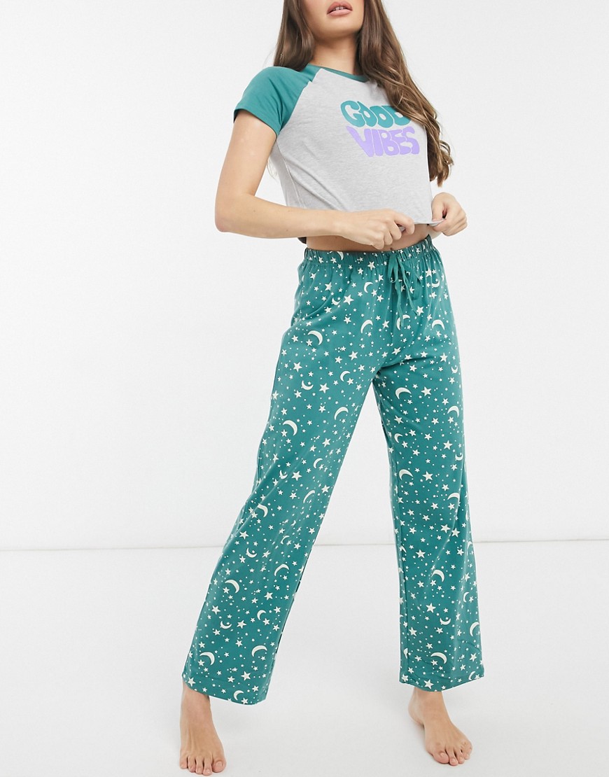 ASOS DESIGN 'Good Vibes' jersey tee and woven pants pajama set in green and gray-Multi