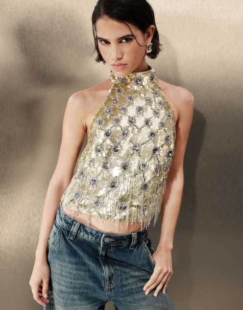 ASOS DESIGN fringe and sequin embellished halter neck co-ord top in gold