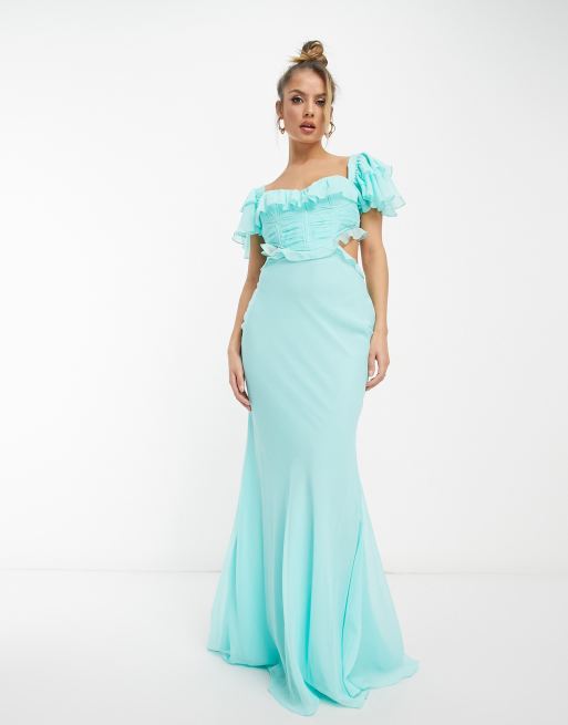 ASOS DESIGN – Gorsetowa sukienka maxi z wycięciem, rozszerzanymi rękawami i falbanką w turkusowym kolorze