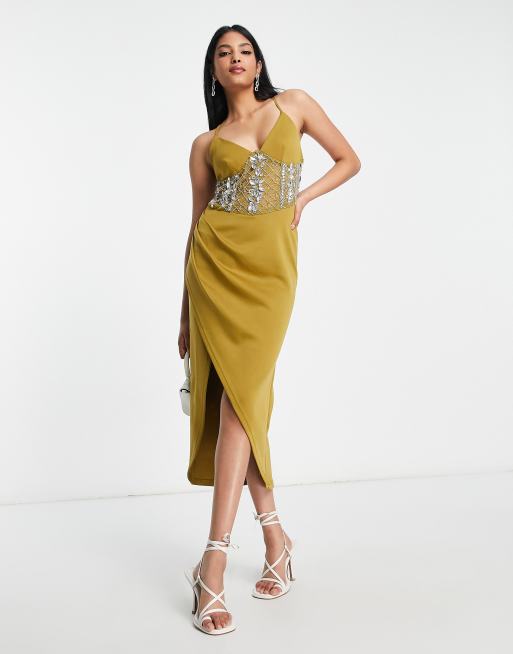 ASOS DESIGN – Gorsetowa sukienka midi w kolorze khaki z rozcięciem