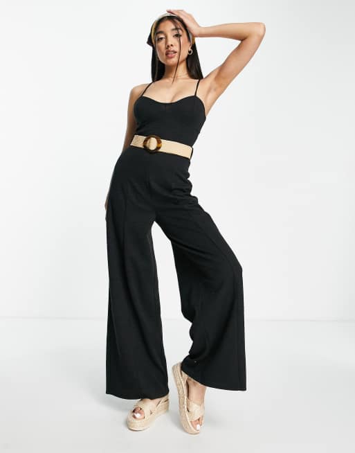ASOS DESIGN – Gorsetowy kombinezon z dżersejowego lnu z wycięciem na plecach i paskiem z rafii