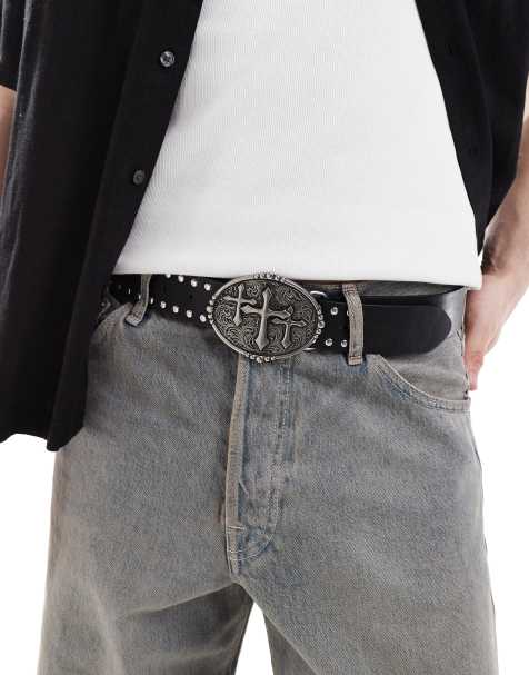 ASOS DESIGN gothic cross antique silver buckle belt with studding in faux black leather - view 1