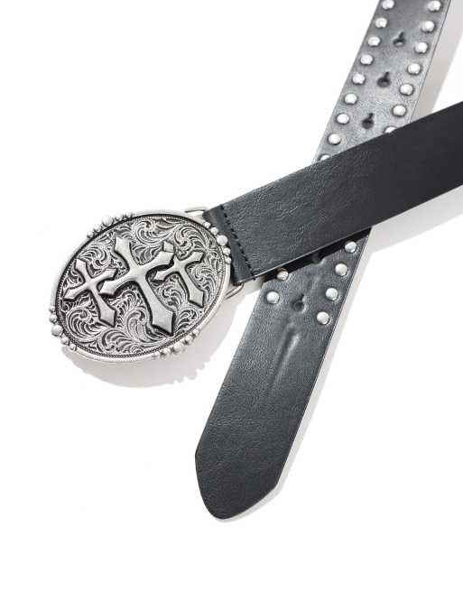 ASOS DESIGN gothic cross antique silver buckle belt with studding in faux black leather