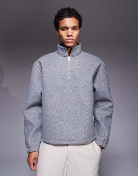 ASOS DESIGN - Grå afslappet firkantet sweatshirt med ståkrave og kvart lynlås og filtfinish - view 1