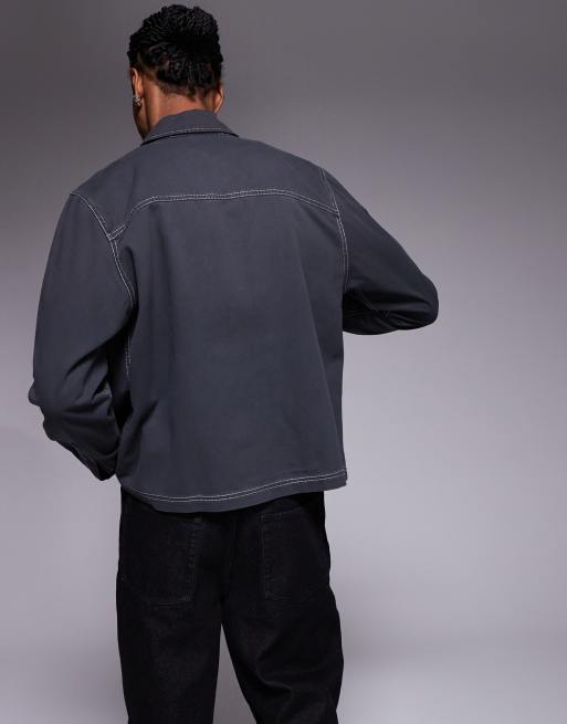 ASOS DESIGN - Grå afslappet skjorte med broderi på brystet i firkantet pasform, 2 af 4