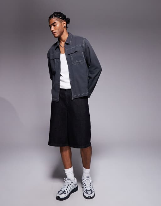 ASOS DESIGN - Grå afslappet skjorte med broderi på brystet i firkantet pasform, 3 af 4