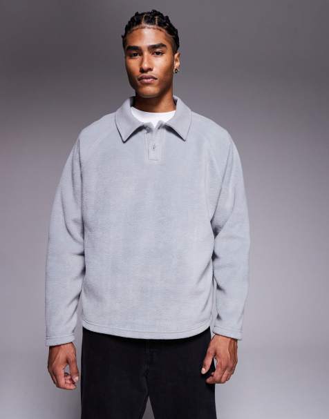 ASOS DESIGN - Grå afslappet sweatshirt med ribstrikket krave i fleece - view 1
