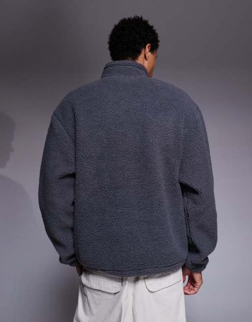 ASOS DESIGN - Grå afslappet sweatshirt med ståkrave og gennemgående lynlås i imiteret lammeskind, 3 af 5