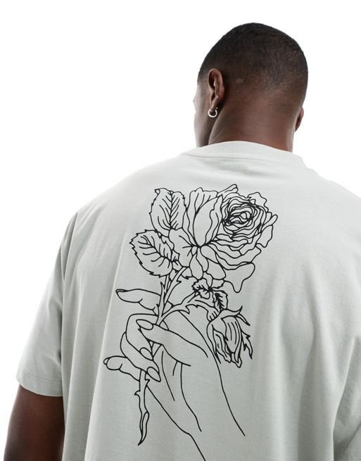 FhyzicsShops DESIGN - Grå afslappet T-shirt med blomsterprint bagpå