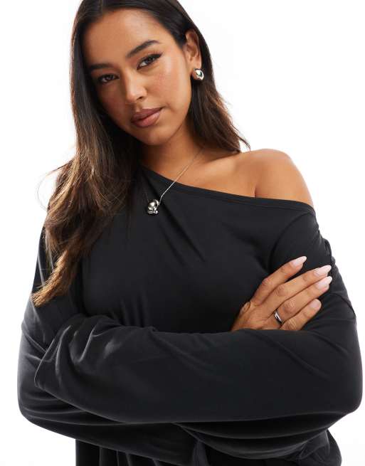 ASOS DESIGN - Grå afslappet T-shirt med lange ærmer og offshoulder-snit i modal, 2 af 4