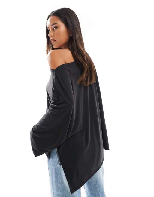 ASOS DESIGN - Grå afslappet T-shirt med lange ærmer og offshoulder-snit i modal, 3 af 4