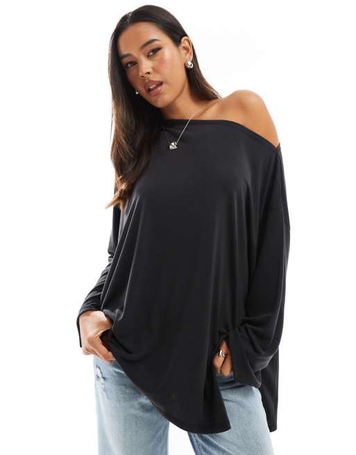 ASOS DESIGN - Grå afslappet T-shirt med lange ærmer og offshoulder-snit i modal, 4 af 4