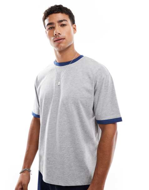 ASOS DESIGN - Grå afslappet T-shirt med marineblå kantbånd i firkantet pasform - view 1