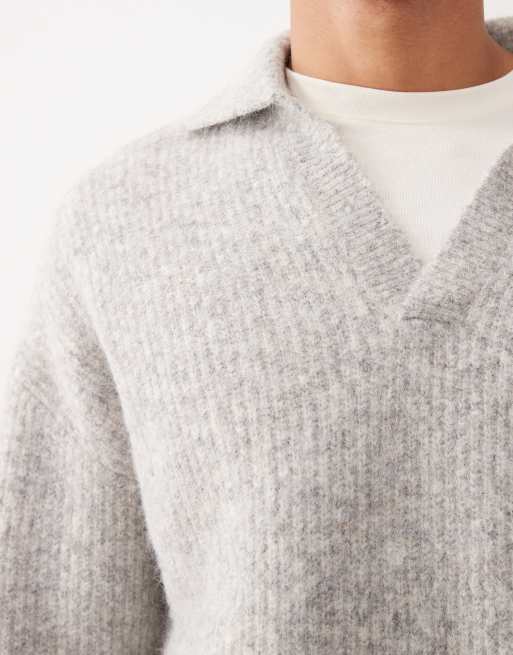 ASOS DESIGN - Grå afslappet trøje i polostil med hak i kraven i strikket uldblanding, 5 af 5
