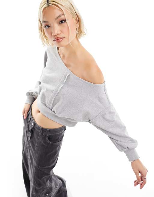 ASOS DESIGN - Grå asymmetrisk cropped sweatshirt