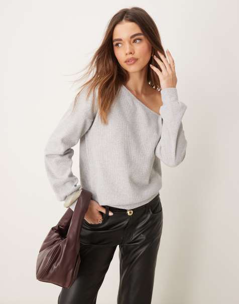 ASOS DESIGN – Grå, asymmetrisk topp med våffelstruktur och långa ärmar - view 1
