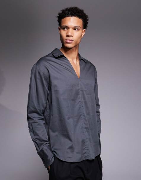 ASOS DESIGN – Grå, avslappnad skjorta i dra på-modell med djup v-ringning - view 1