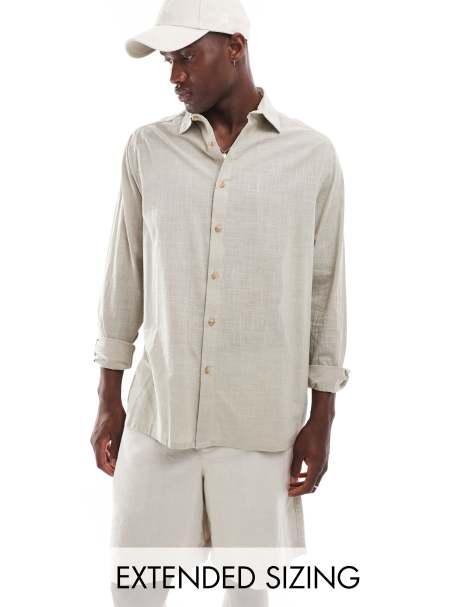 ASOS DESIGN – Grå, avslappnad skjorta i linnestil med button down-krage - view 1