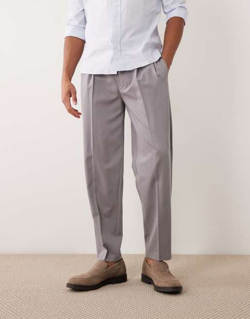 ASOS DESIGN – Grå, avsmalnande finbyxor i oversized fit och twill med veck, 2 av 5