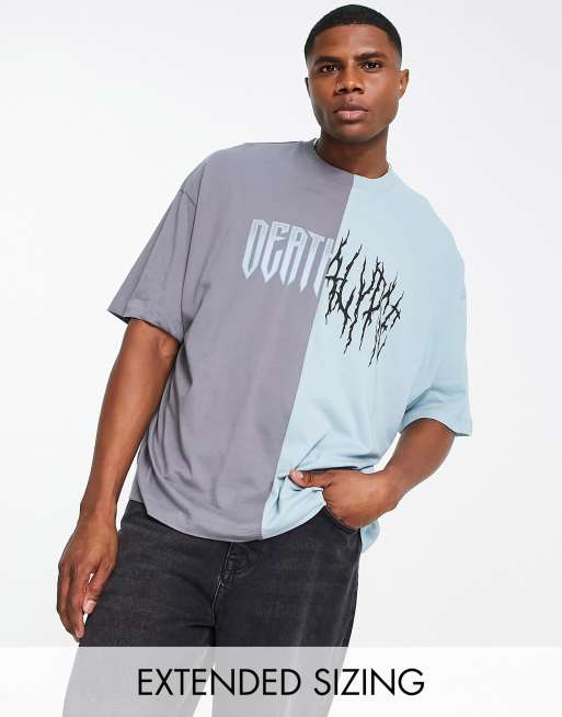 ASOS DESIGN – Grå, blockfärgad t-shirt i oversize med tvådelat tryck framtill