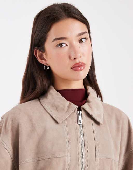 ASOS DESIGN – Grå bomberjacka i äkta mocka och harringtonstil, 3 av 4