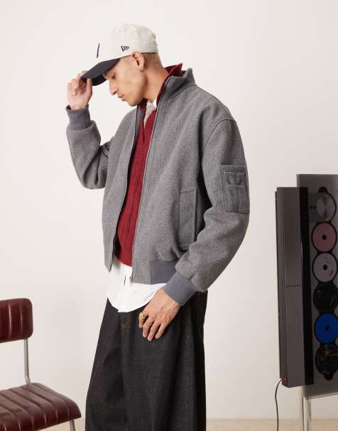 ASOS DESIGN – Grå bomberjacka i oversize och yllestil med ståkrage - view 1