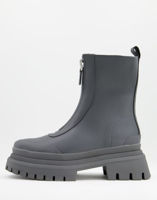 ASOS DESIGN – Grå boots i läderimitation med dragkedja framtill och grov sula i tre skikt