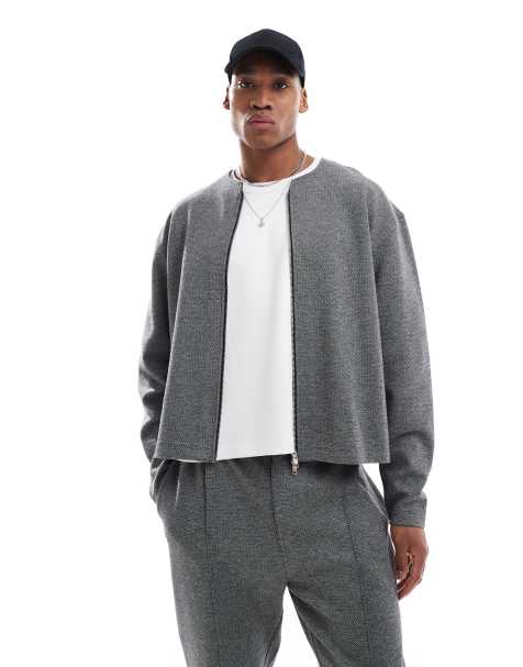 ASOS DESIGN - Grå cardigan med gennemgående lynlås og tekstur - Del af sæt - view 1