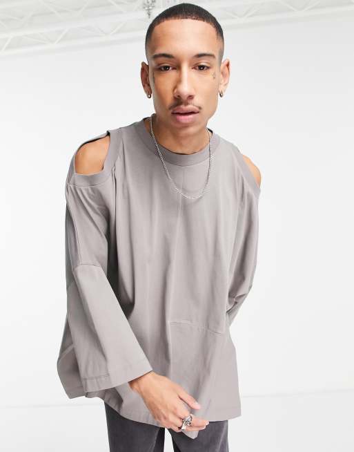 ASOS DESIGN – Grå cold shoulder-t-shirt i oversize med utskurna detaljer