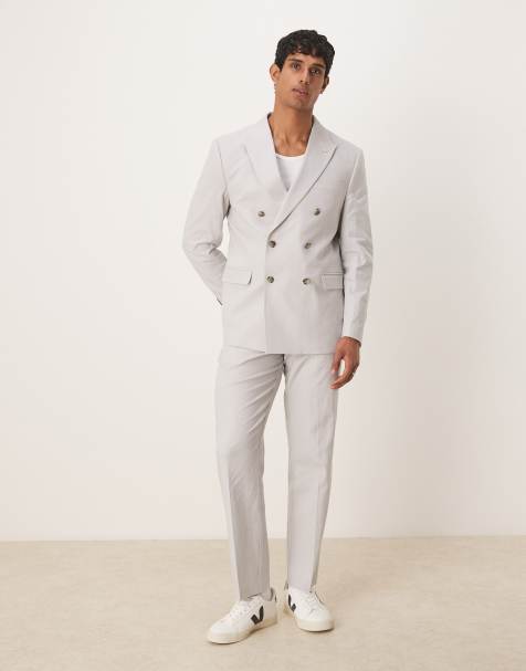 ASOS DESIGN – Grå, dubbelknäppt kostym i linneblandning med normal passform - view 1