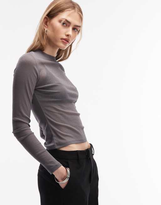 ASOS DESIGN – Grå, figurnära topp i skir mesh med långa ärmar, 2 av 4
