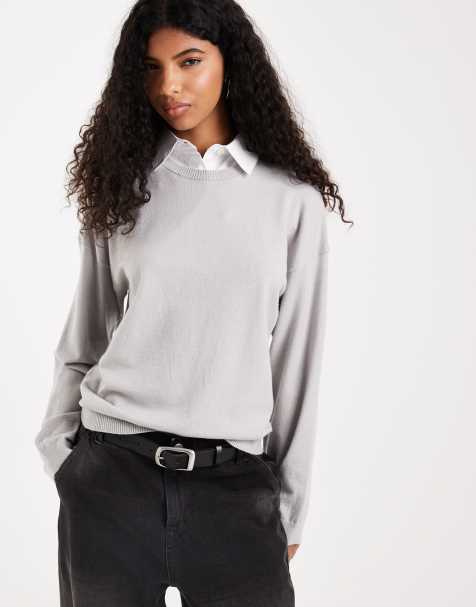 ASOS DESIGN – Grå, finstickad tröja med kontrastfärgad krage i poplin - view 1