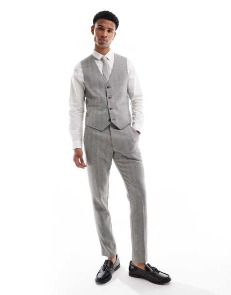 ASOS DESIGN – Grå, fiskbensmönstrad kostym i ullmix med extra smal passform - view 1