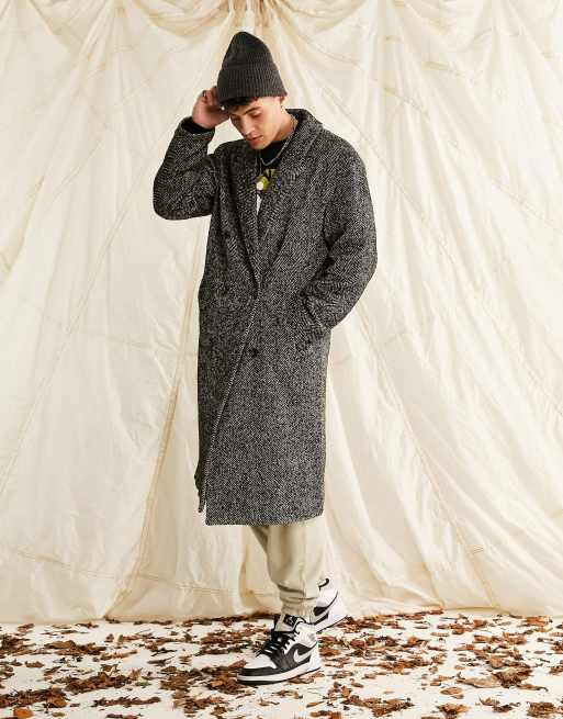 ASOS DESIGN – Grå fiskbensmönstrad ytterrock i yllemix och oversize
