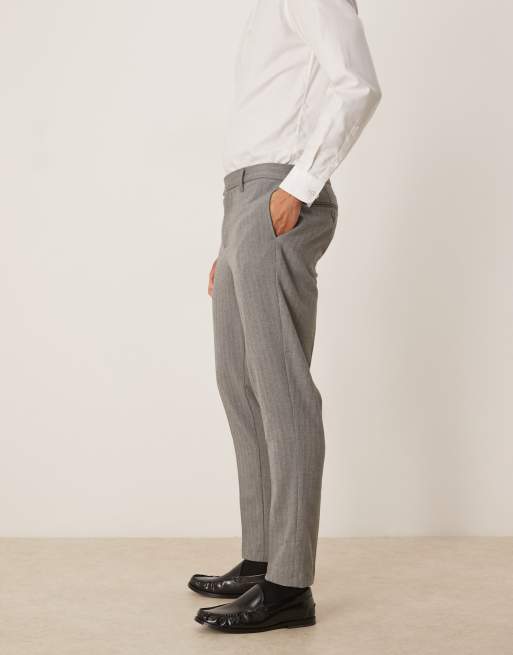 ASOS DESIGN – Grå, fiskbensmönstrade, avsmalnande finbyxor i yllestil, 3 av 5
