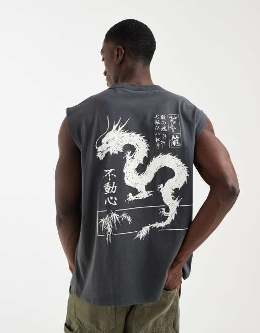 ASOS DESIGN - Grå forvasket og oversized tanktop i kraftigt stof med dragegrafik, 3 af 5
