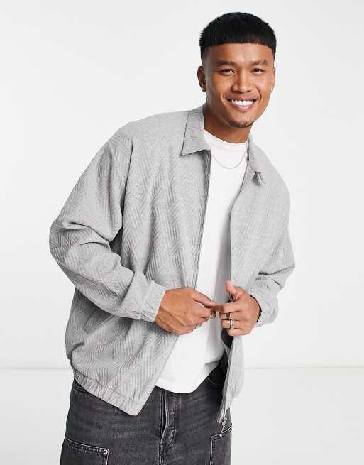ASOS DESIGN – Grå, geometriskt jacquardvävd harrington-jacka i oversize