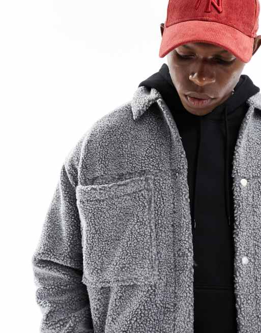 ASOS DESIGN – Grå harrington-jacka av teddy i oversize