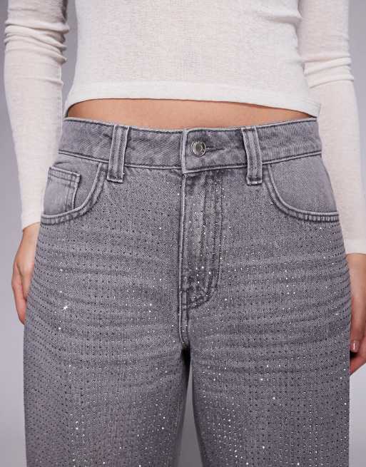 ASOS DESIGN - Grå jeans med tøndeformede ben og rhinstensudsmykning foran, 4 af 5