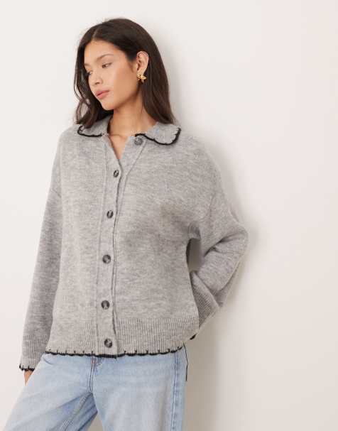 ASOS DESIGN – Grå kofta med stickad krage och langettsömmar - view 1