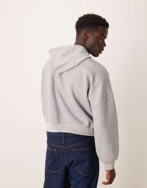 ASOS DESIGN – Grå, kort huvtröja i oversize med sänkt axelsöm och tryck på bröstet, 4 av 4
