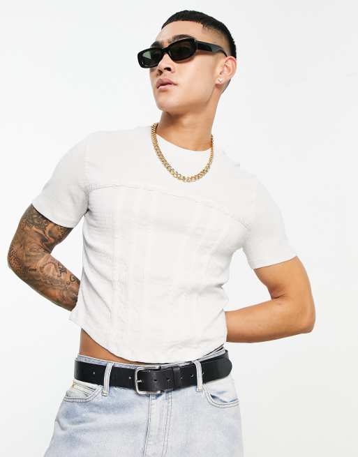 ASOS DESIGN – Grå, kort t-shirt i muscle fit med korsettdesign och textur